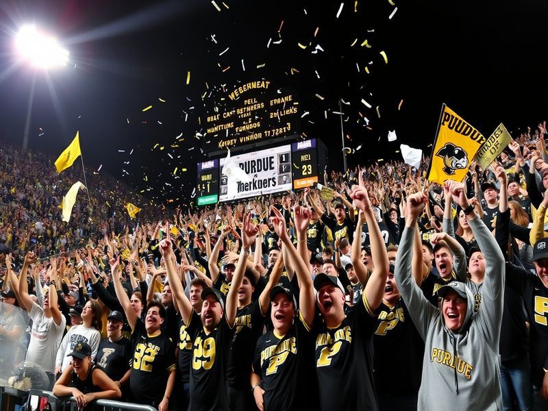 A split-screen image showing Purdue players celebrating on the court with a dramatic scoreboard in the background, capturing