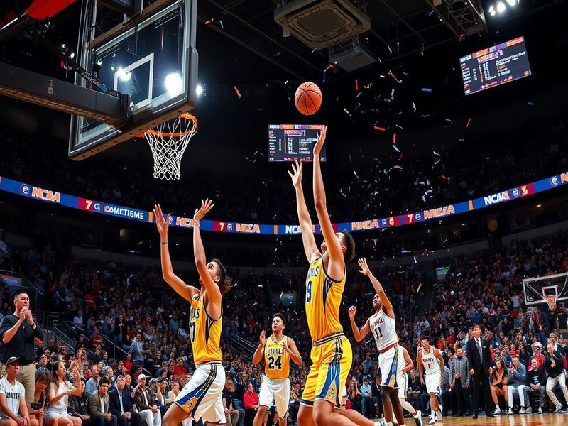 An action shot of a college basketball game, showcasing players in motion, the intensity of the competition, and fans cheerin