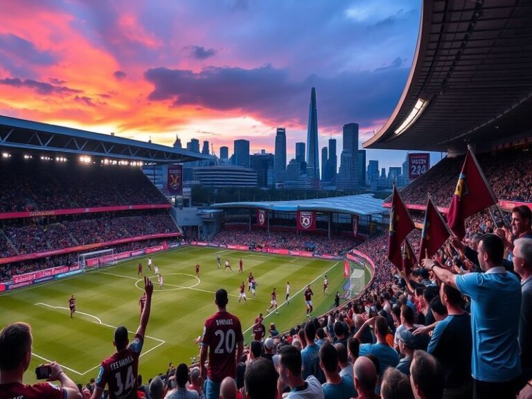 A vibrant scene from a West Ham match, showcasing passionate fans in claret and blue, with the iconic London skyline in the b