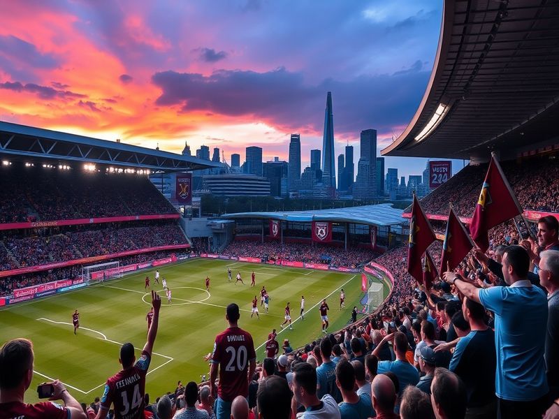 A vibrant scene from a West Ham match, showcasing passionate fans in claret and blue, with the iconic London skyline in the b