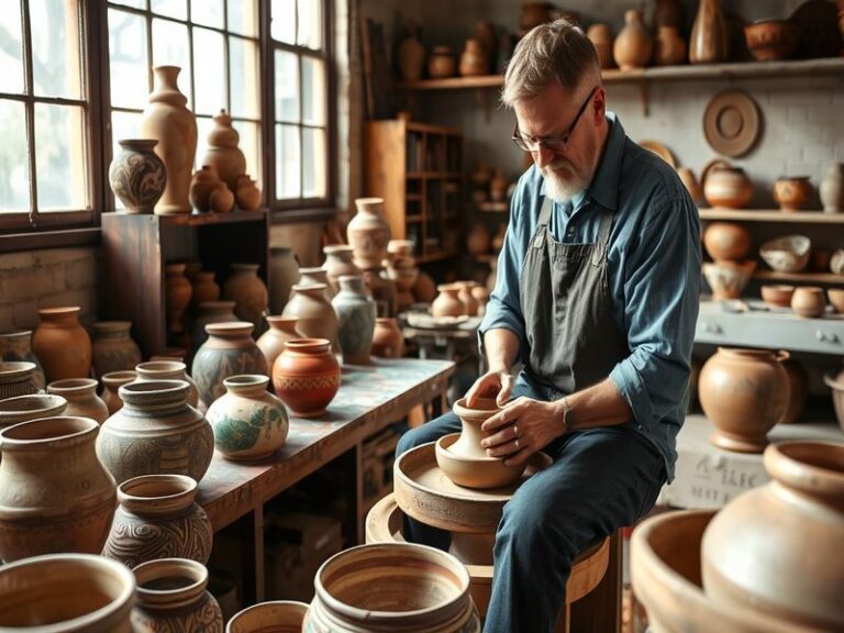 A close-up of Keith Brymer Jones working at a pottery wheel, showcasing his focused expression and the clay taking shape, wit