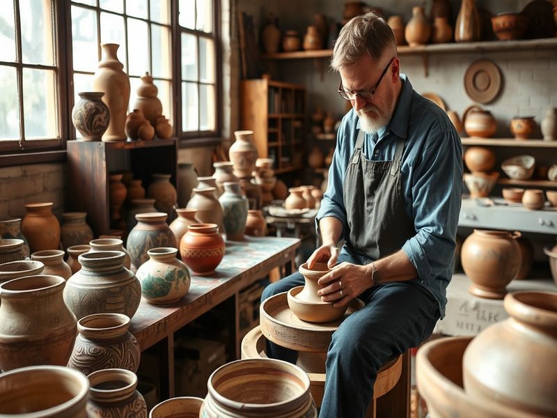 A close-up of Keith Brymer Jones working at a pottery wheel, showcasing his focused expression and the clay taking shape, wit