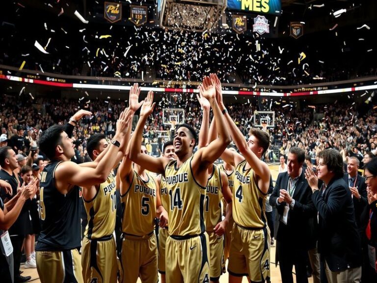 A dynamic action shot of Purdue basketball players celebrating on the court, with fans in the background and a scoreboard sho