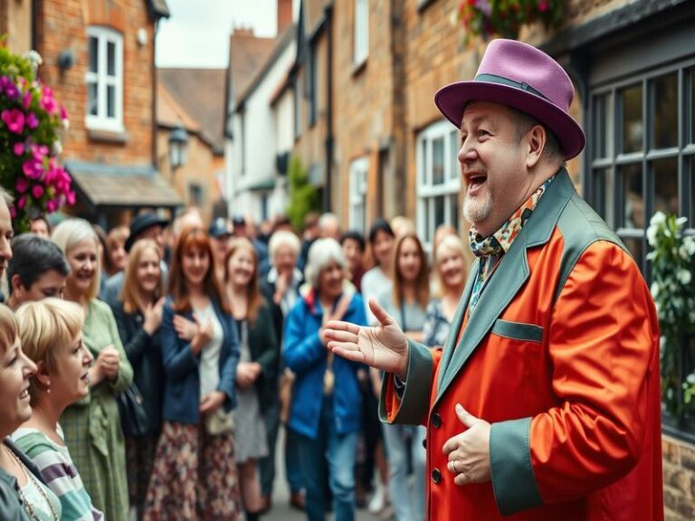 A vibrant portrait of Les Dennis on stage, smiling and engaging with the audience, capturing his charm and comedic essence.