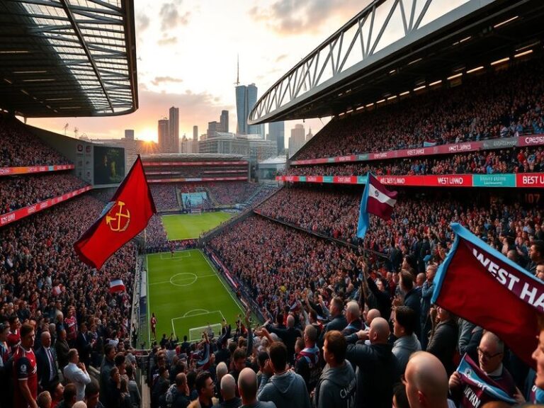 A vibrant scene from a West Ham match at London Stadium, showcasing passionate fans, team colors, and the electrifying atmosp