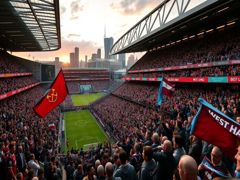 A vibrant scene from a West Ham match at London Stadium, showcasing passionate fans, team colors, and the electrifying atmosp