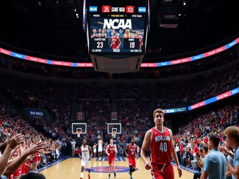 An action-packed scene from a college basketball game, showcasing players in vibrant uniforms, an engaged crowd, and the inte