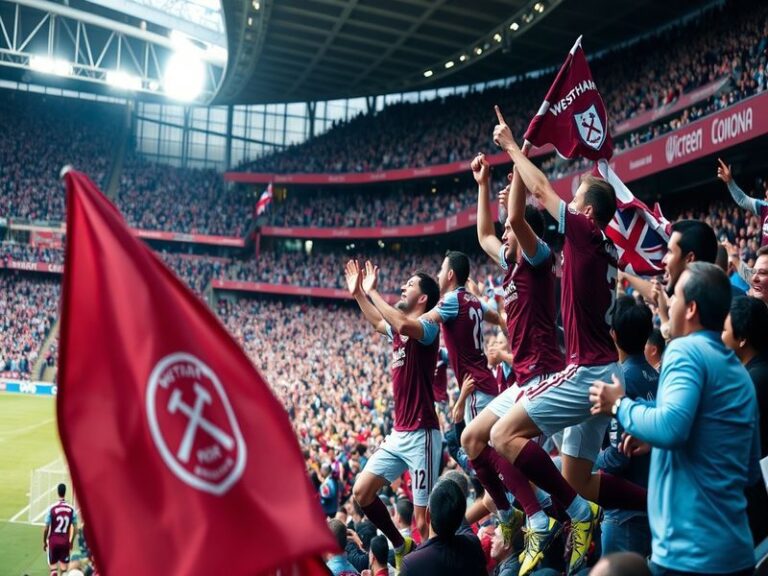 An intense football match atmosphere with West Ham fans cheering, colorful banners, and the London skyline in the background.