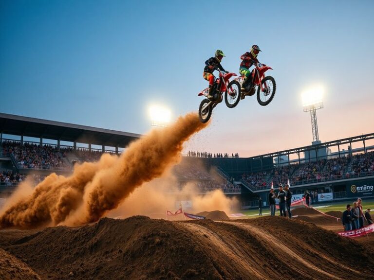 An action-packed image of supercross riders racing on a challenging track, capturing the intensity and excitement of the spor