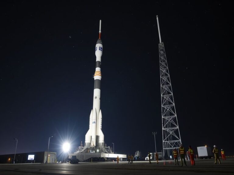 A detailed illustration of the Artemis 2 mission showing the Orion spacecraft with four astronauts in white suits, the SLS ro