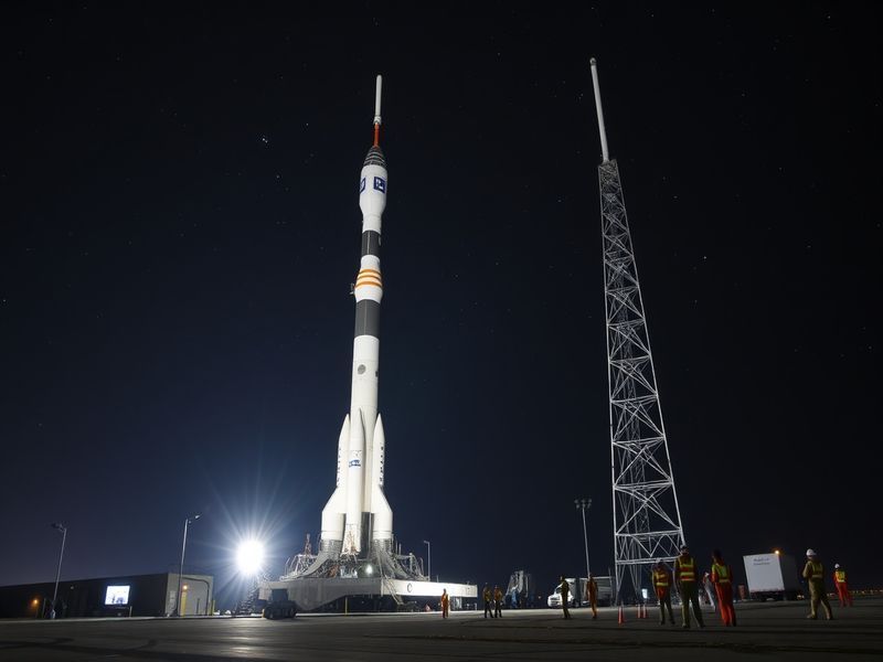 A detailed illustration of the Artemis 2 mission showing the Orion spacecraft with four astronauts in white suits, the SLS ro
