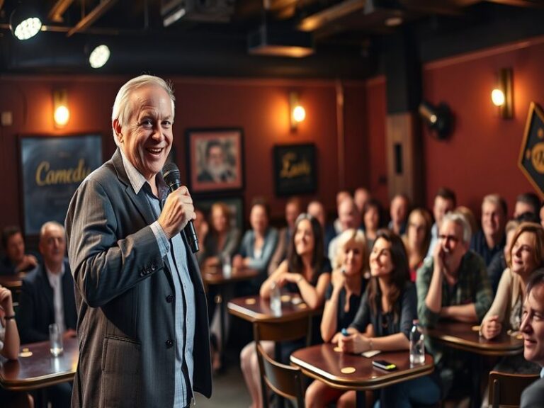 An engaging portrait of Les Dennis smiling on stage, with a spotlight shining down, capturing his charismatic presence and co