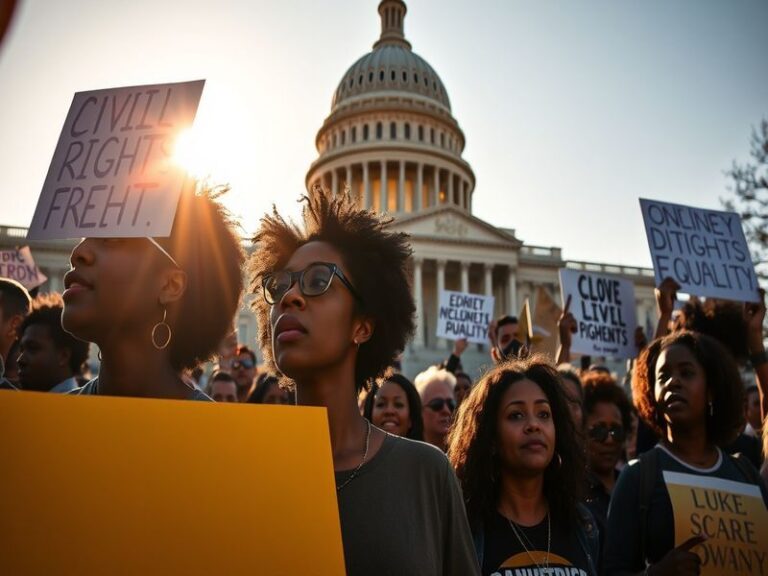 An illustration depicting the U.S. Constitution with a focus on the 14th Amendment, surrounded by symbols of justice such as