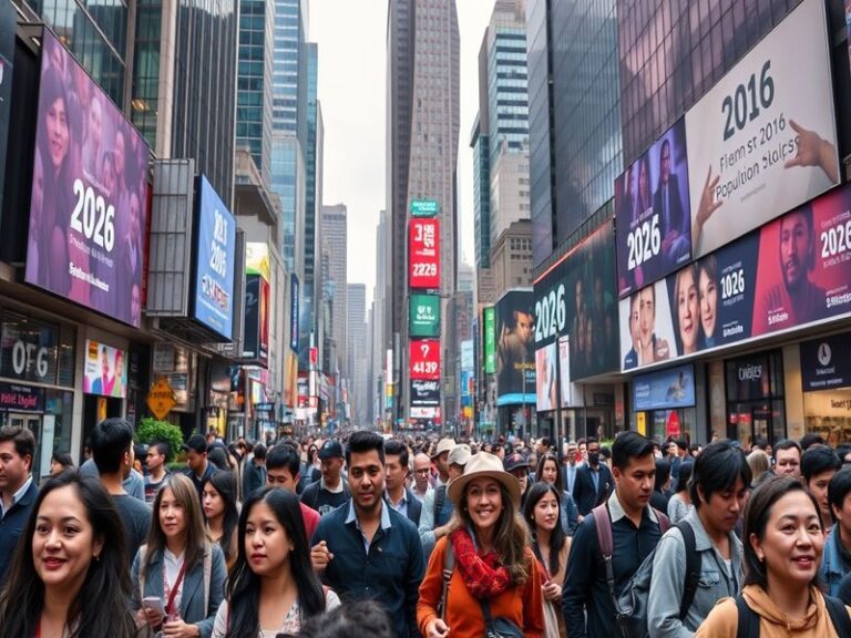A vibrant graphic showing a diverse group of people in an urban setting, symbolizing population growth and diversity in the U