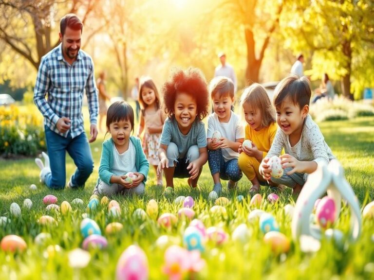 A serene spring scene with blooming flowers, colorful Easter eggs, and a church steeple in the background, evoking a peaceful