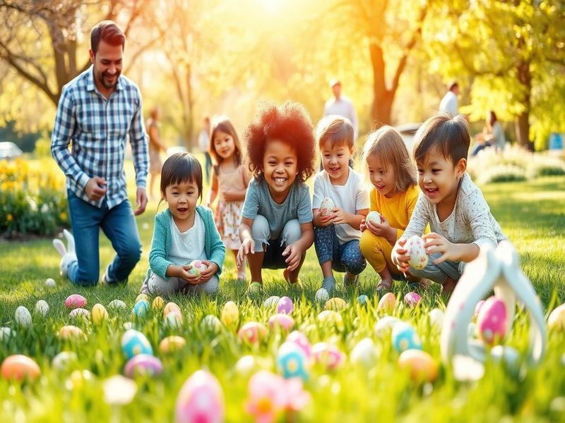 A serene spring scene with blooming flowers, colorful Easter eggs, and a church steeple in the background, evoking a peaceful