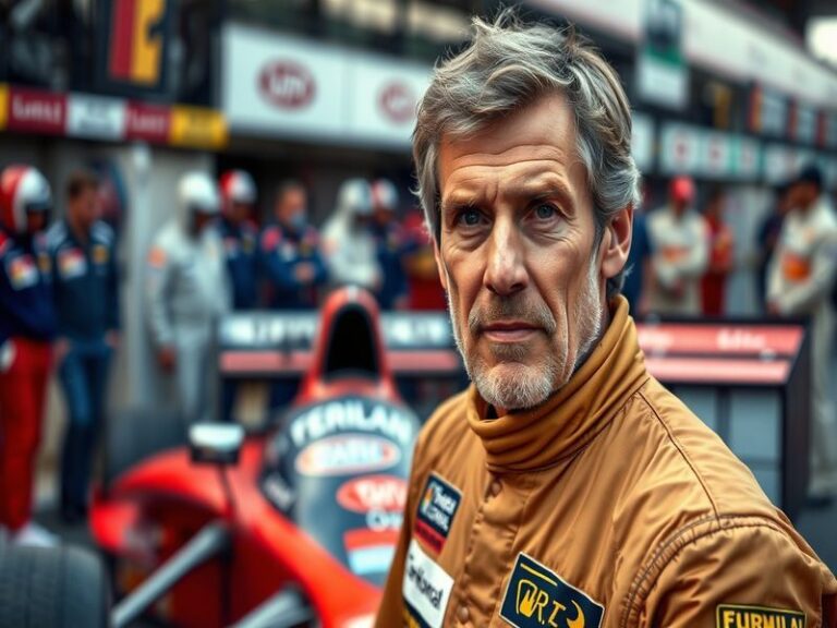 A dynamic image of Damon Hill in his racing suit, standing beside a Formula One car, showcasing determination and the spirit
