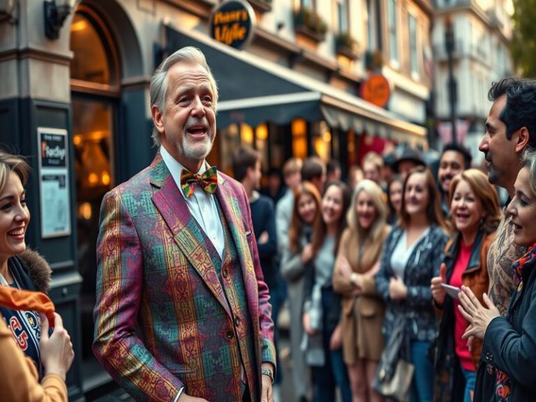 A vibrant image of Les Dennis smiling on stage during a live performance, showcasing his engaging personality and the energy