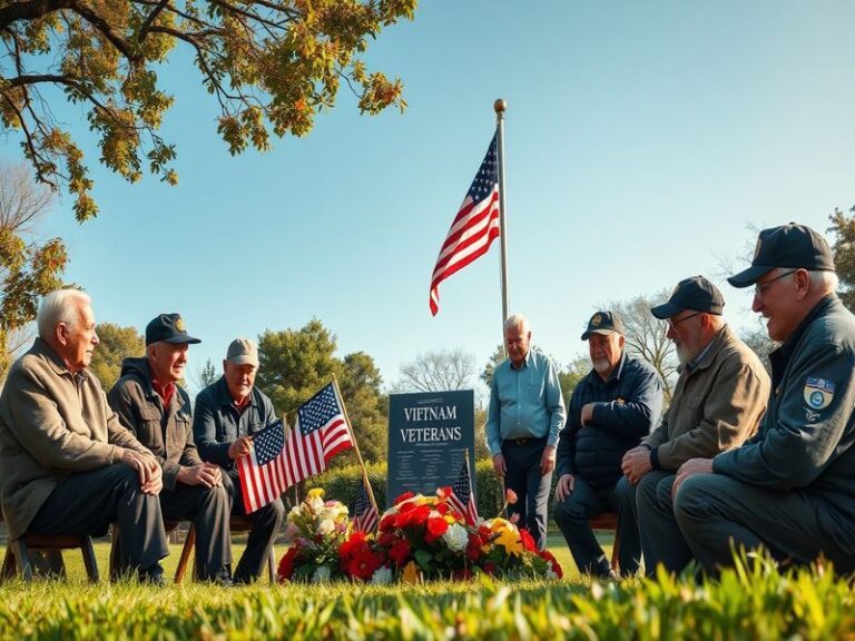 A solemn memorial scene at dusk, featuring engraved stone walls with names, surrounded by wreaths of poppies and flags from m