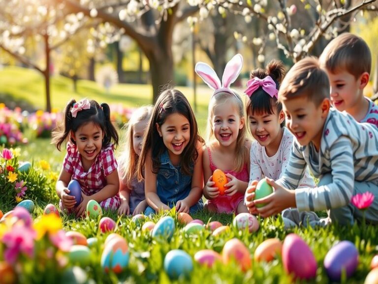 A vibrant Easter celebration scene featuring decorated eggs, families gathering for a meal, and religious observances in vari