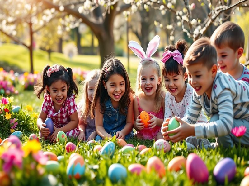 A vibrant Easter celebration scene featuring decorated eggs, families gathering for a meal, and religious observances in vari