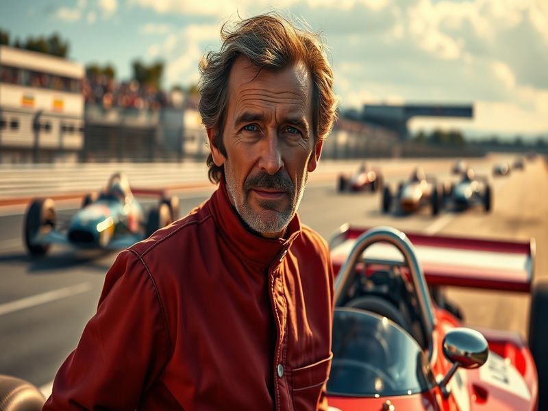 A dynamic image of Damon Hill in his racing suit, standing next to a Formula One car, capturing the thrill and intensity of m