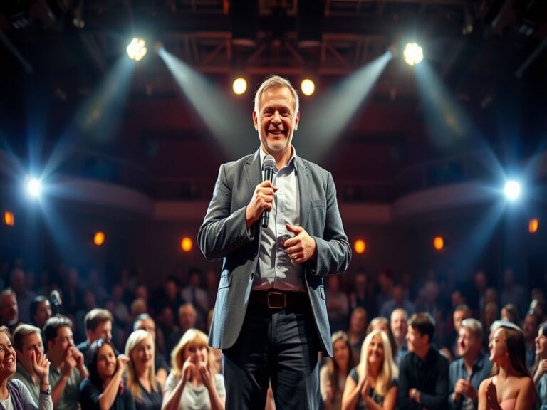 A vibrant image of Les Dennis on stage, engaging with the audience, showcasing his charismatic smile and lively expression.