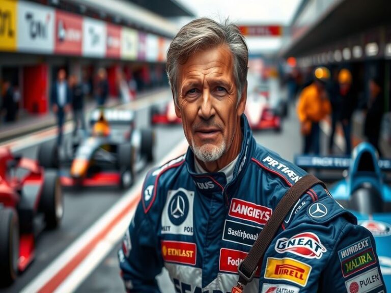 A dynamic image of Damon Hill in his racing suit, standing beside a Formula One car, with a racetrack in the background, capt