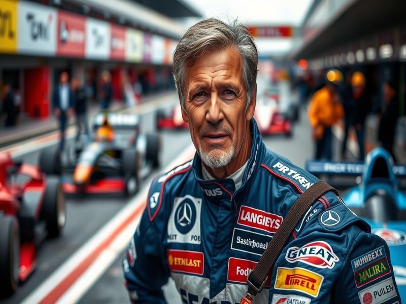 A dynamic image of Damon Hill in his racing suit, standing beside a Formula One car, with a racetrack in the background, capt