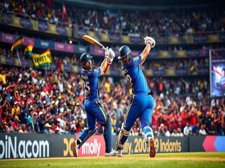 A vibrant cricket stadium filled with passionate fans cheering for their teams, with players from MI and KKR in action on the