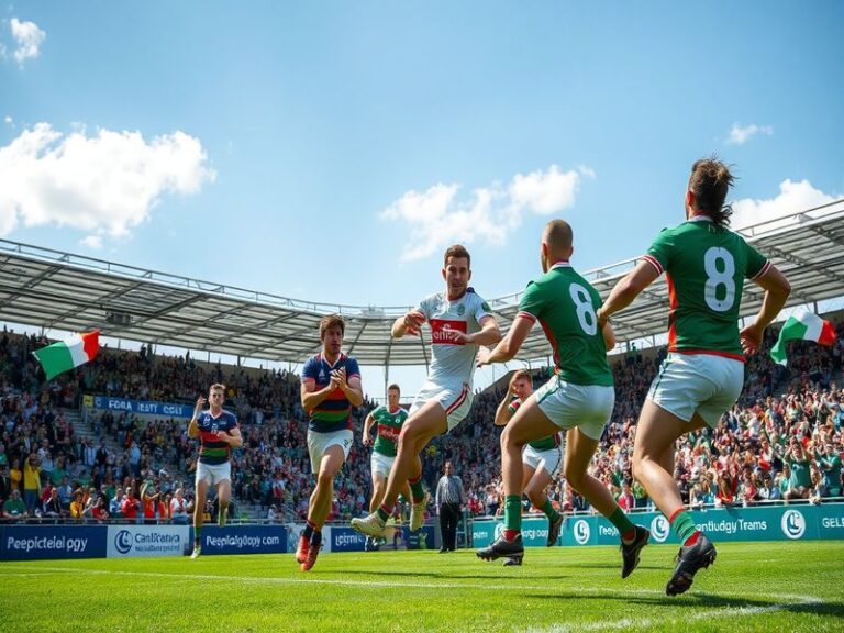 An action shot of a Gaelic football match, showcasing players in their team jerseys on a vibrant green pitch, with fans in th