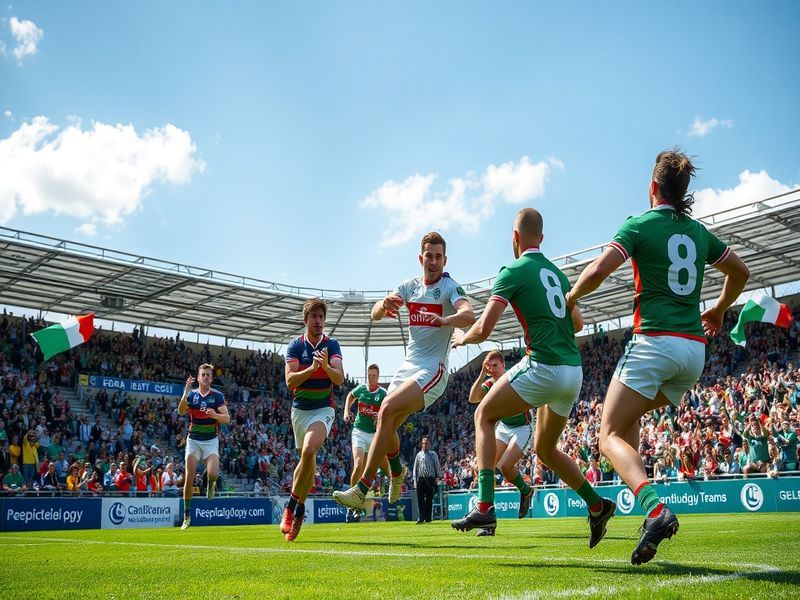 An action shot of a Gaelic football match, showcasing players in their team jerseys on a vibrant green pitch, with fans in th