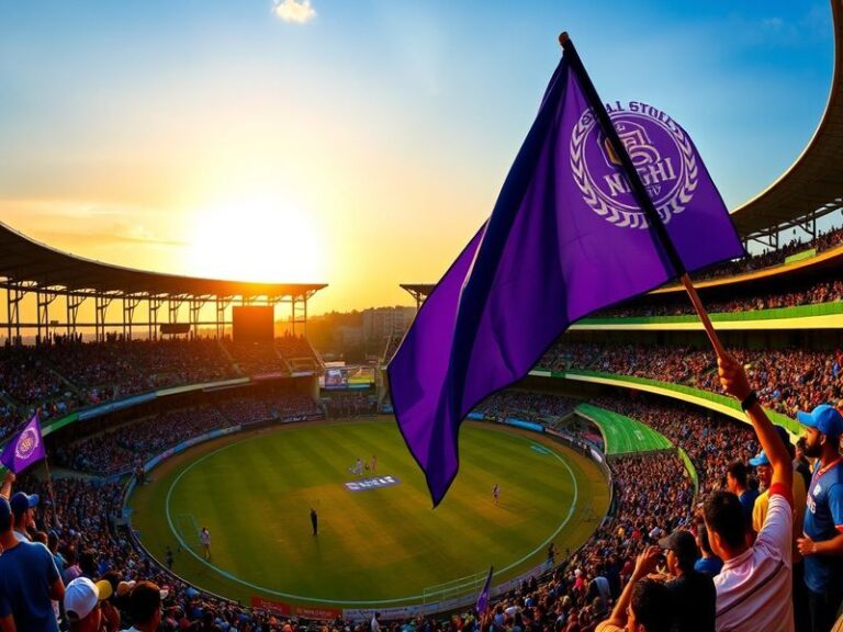 A vibrant stadium scene at night featuring Mumbai Indians in blue and Kolkata Knight Riders in purple, with fireworks in the
