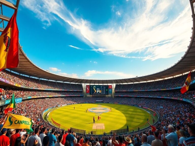 A vibrant image showcasing a packed cricket stadium during an IPL match, with fans cheering and colorful banners in the stand