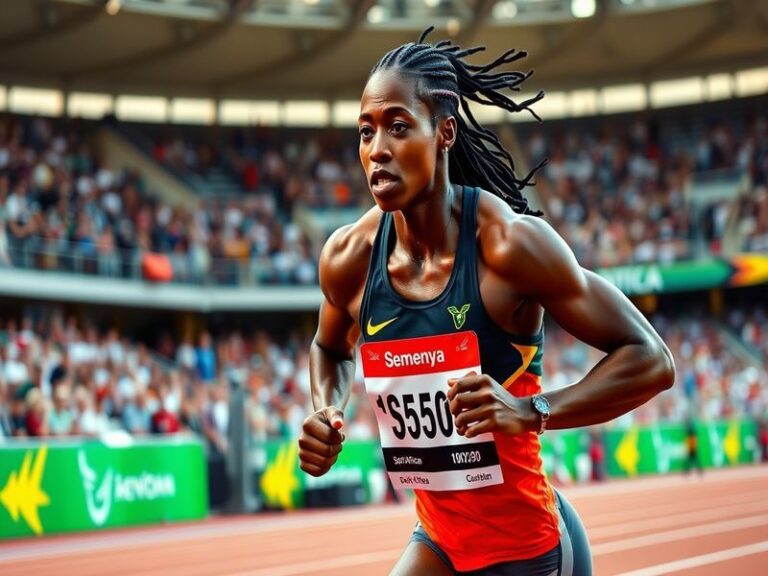 A powerful image of Caster Semenya running on the track, showcasing her determination and athleticism, with a blurred crowd i