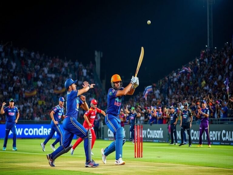 A vibrant cricket stadium with MI and KKR players in action, showcasing intense competition under floodlights, with fans chee