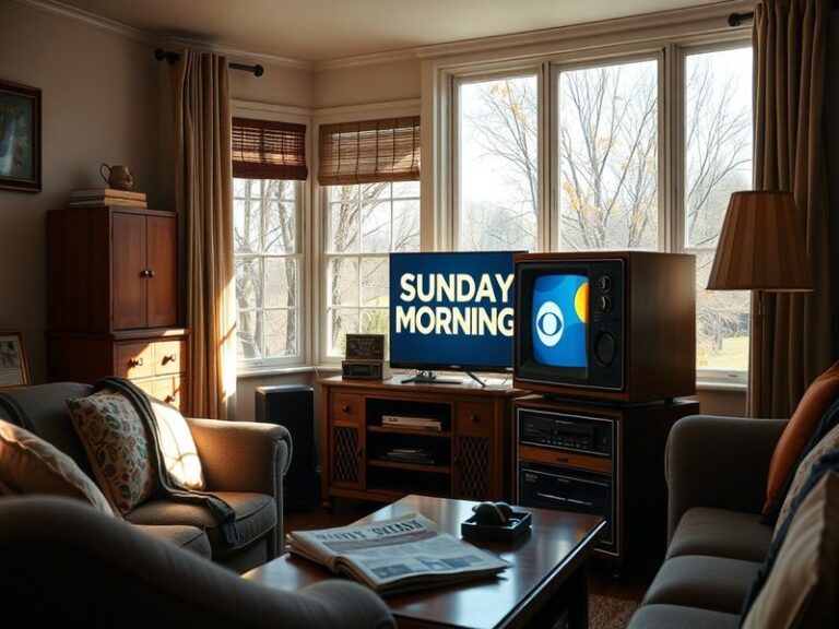 A vibrant studio setting of CBS Sunday Morning, featuring the hosts engaged in conversation, surrounded by artwork and plants