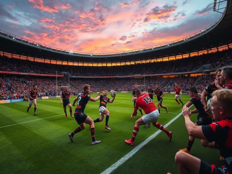 An action-packed scene from a rugby match featuring Hull FC and the Dragons, showcasing players in motion, fans cheering, and