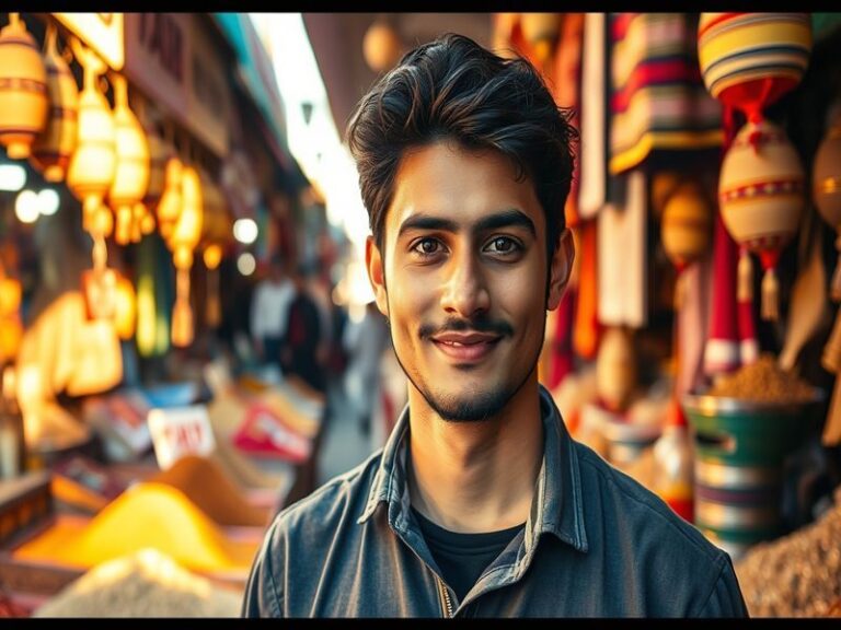 A vibrant studio shot of Allah Ghazanfar working on a digital art piece, surrounded by traditional Islamic geometric patterns