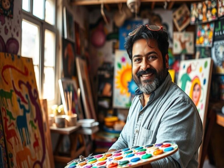A portrait of Rahul Arunoday Banerjee in a thoughtful pose, surrounded by film reels and script pages, conveying creativity a
