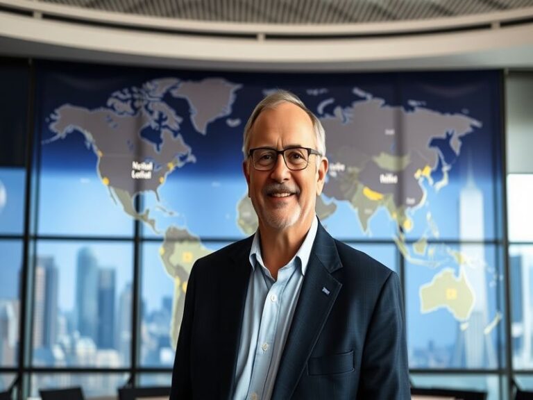 A portrait of Rafael Grossi in a formal setting, with the IAEA logo in the background, conveying professionalism and authorit