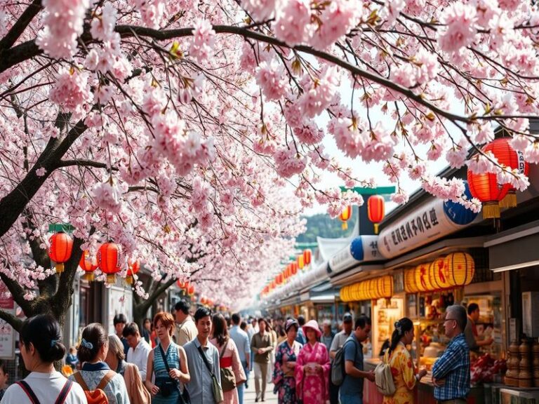 A vibrant scene of cherry blossom trees in full bloom lining a canal in Washington, D.C., with the Jefferson Memorial in the