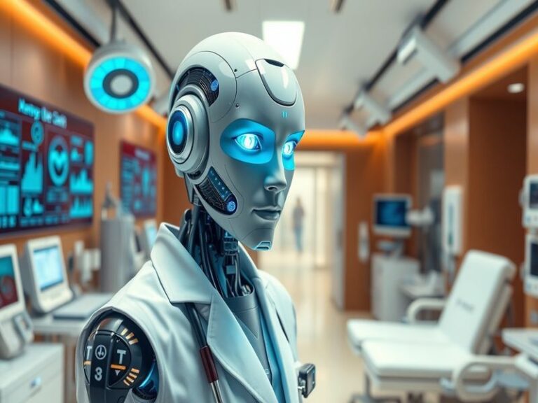 An illustration of a futuristic AI doctor interacting with a patient, showcasing a digital interface with health data and a w