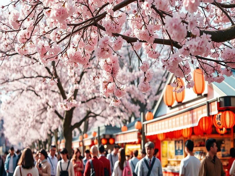 A vibrant scene of cherry blossom trees in full bloom, with people picnicking under the pink canopy in a park setting, captur
