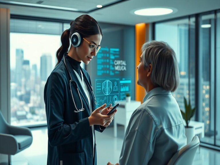 An illustration showing a doctor interacting with an AI interface, analyzing patient data on a digital tablet in a modern med