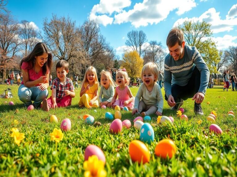 A vibrant Easter celebration scene, featuring decorated eggs, a blooming spring background, and families engaging in traditio