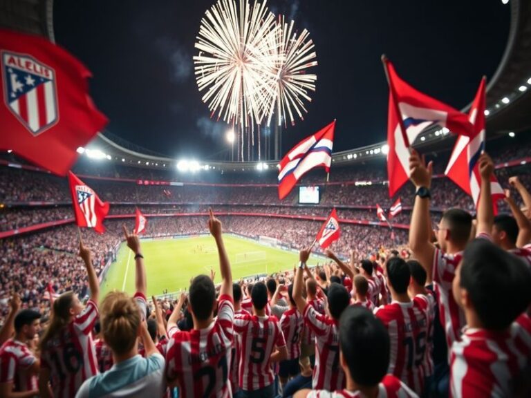 A vibrant match day scene at Wanda Metropolitano Stadium, filled with enthusiastic fans waving flags and banners, capturing t