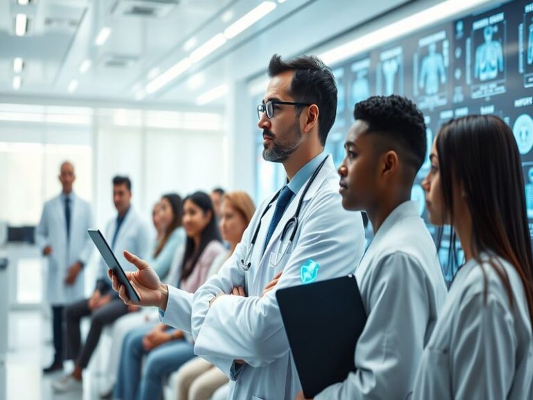 An illustration showing a futuristic hospital scene with a doctor using AI technology, including digital screens displaying p