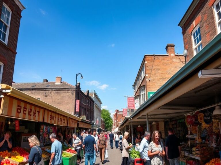 A bustling view of Chalton Street in Camden, showcasing Victorian buildings, independent shops, and outdoor cafés with patron