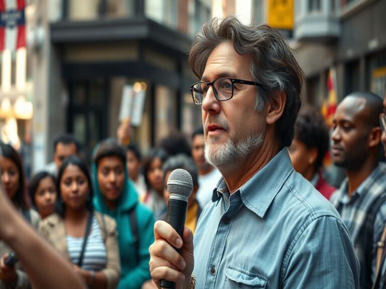 Avi Lewis speaking at a conference, surrounded by an engaged audience, emphasizing themes of justice and sustainability.